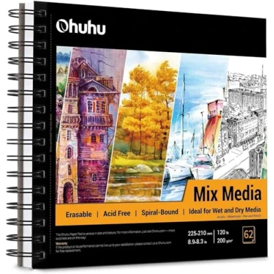 Image of Ohuhu Sketchbook Spiral Bound: Mixed Media Pad, 62 Sheets/124 Pages of 200GSM Thick Drawing Paper, Hardcover Sketch Book for Wet and Dry Media, Acrylic Watercolour Paint Pencils, Pastel