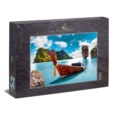 Image of Ulmer Puzzleschmiede puzzle &quot;Paradise&quot;: 1000 pieces jigsaw Dreamlike picture of a beach in Thailand with boats the water