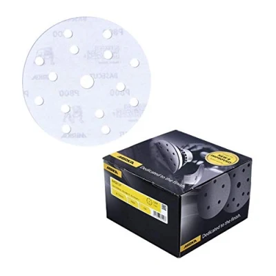 Image of Mirka Basecut White Hook and Loop It 150mm 6 Inch Sanding Discs Box 100 Abrasive P800 Grit Automotive Refinishing Sandpaper 15 Hole Vacuum Dust Extraction System