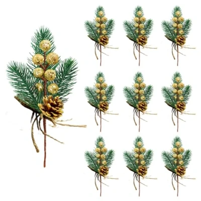 Image of RXXR 10 Pieces Artificial Pine Picks Needles Small Berries Cones for Floral Arrangements Wreaths Wedding Christmas Tree Decorations (Gold)