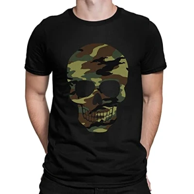 Image of Forest Camo Camouflage Patterned Skull Mens T Shirt Black (M)