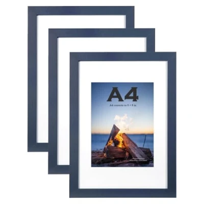 Image of Navy Blue Wooden Picture Frame A4 with Mount,Set of 3,A4 Frame,A4 Poster certificate frame,Freestanding and Wall Mountable