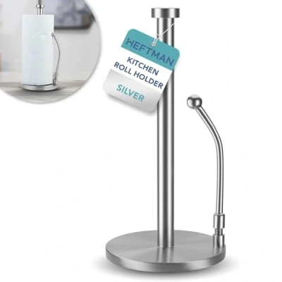 Image of HEFTMAN Silver Kitchen Roll Holder Paper Towel with Tension Arm and Anti Slip Weighted Base Stainless Steel Free Standing Scratch Dispenser (Silver)
