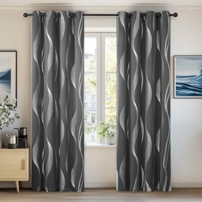 Image of Deconovo Super Soft Wave Line Foil Printed Thermal Insulated Blackout Curtains Window Treatment Eyelet for Children 55 x 96 Inch Grey Two Panels