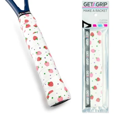 Image of GET A Grip Custom Tennis Racket Tape Anti Slip/Quick Drying Overgrips Precut Badminton with Finishing Squash Tapes (Strawberries &amp; Cream, 1 Grip)