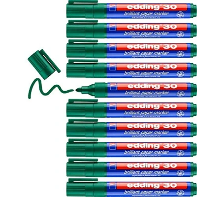 Image of edding 30 brilliant paper marker green 10 waterproof permanent markers round nib 1.5 3 mm vibrant colours lightfast marking on paper, card, cardboard, plastic, metal and glass