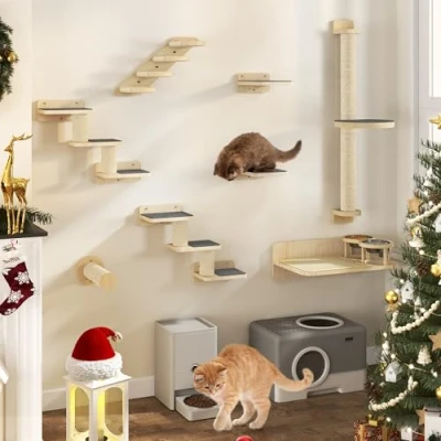 Image of YITAHOME 8PCS Wall Mounted Cat Climbing Shelves, Furniture with 1 Stairway/2 Platforms and 2 Ladders Non Slip Mats/1 Sisal Post a large Platform/Cat Bed Bowls
