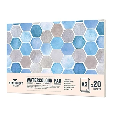 Image of STATIONERY ISLAND Watercolour Paper A3 Pad 300gsm Natural White 20 Sheets Glue Bound, Cold Pressed Texture, Sketchbook for Painting, Drawing and Mixed Media