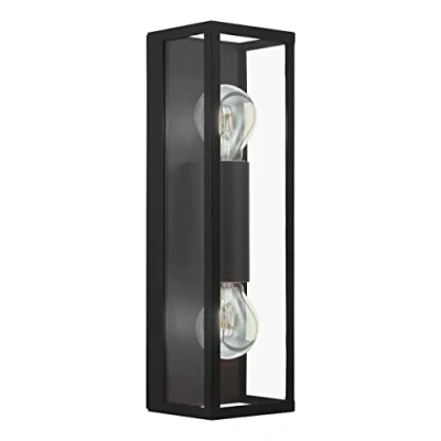 Image of Eglo Amezola 2 Flame Vintage Wall Light, Black Steel and Clear Glass Industrial Lamp, Living Room, Hallway Bathroom Lighting, E27 Socket, IP44