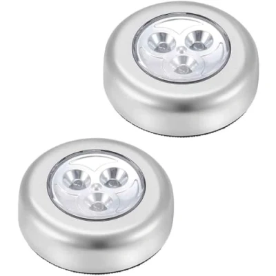 Image of Ultra Bright LED Push Plastic Lights, (6.5cm x 6.5cm 2cm) Pack of 2 Battery Operated, Ideal for Cupboards, Garages, Under Shelf Lighting, White