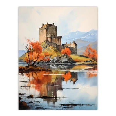 Image of Artery8 Eilean Donan Castle Scotland Watercolour Painting Misty Morning Autumn Sunlight Large Wall Art Poster Print Thick Paper 18X24 Inch