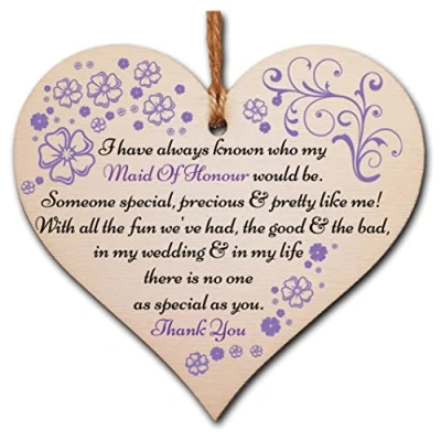 Image of Handmade Wooden Hanging Heart Plaque Gift Thank You for Being My Maid of Honour Wedding Novelty Keepsake