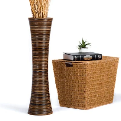 Image of Leewadee Large Brown Home Decor Floor Vase Wooden 70 cm Tall Farmhouse Flower Holder For Fake Plant And Pampas Grass