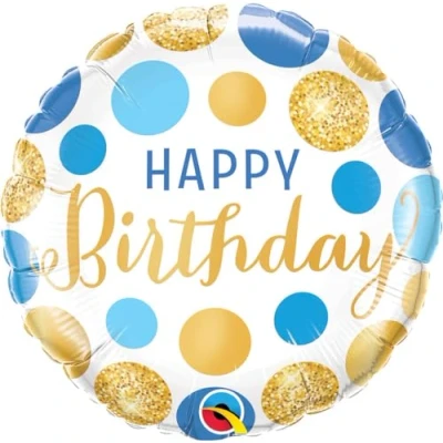 Image of Qualatex 18871 Happy Birthday Blue &amp; Gold Dots 18&quot; Round Shaped Foil Balloon