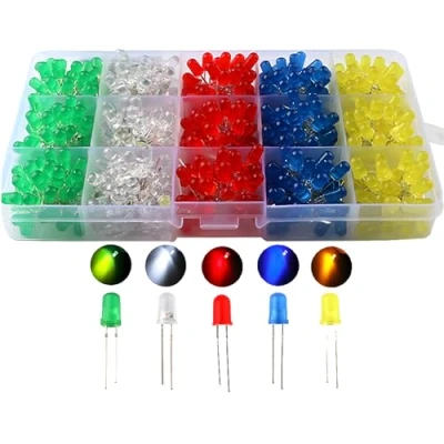 Image of CESFONJER 500pcs x 5mm Light Emitting Diode, Diffused 2pin Round Color White/Red/Yellow/Green/Blue Kit Box (5 colors 100pcs)