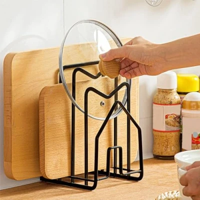 Image of LINFIDITE Chopping Board Holder Rack Cutting Pot Lid Kitchen Cookware Storage Freestanding Stand Countertop organiser for Pans Lids,Chopping Board,12.5x14.5x21.5cm Black