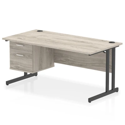 Image of Impulse 1600x800 Desk Grey Oak/Black Cantilever Leg 2 Drawer Fixed Ped