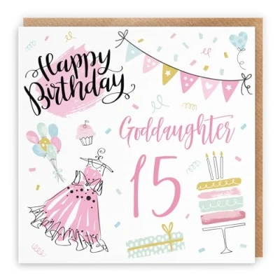 Image of Hunts England Goddaughter 15th Birthday Card Happy 15 Party Collection Fun, Pink Dress, Cake Pretty