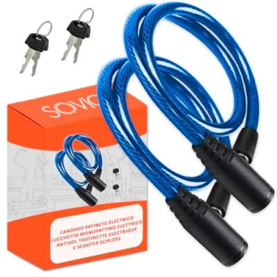 Image of Electric Scooter Lock Double Security 2 Units Steel Cable 60 cm Advanced with Key Safe Robust Practical Easy to Store for Blue