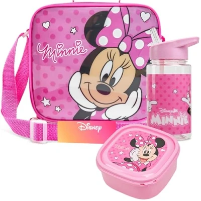 Image of Get Trend Disney Minnie Mouse Lunch Bag Set for Kids 3 Pcs with Box BPA Free 400ml Water Bottle Insulated Travel Picnic Nursery School Supplies (Minnie Mouse)