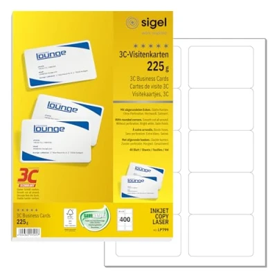 Image of SIGEL LP799 Business Cards, 3C, 85x55 mm (A4), with rounded corners, dyi blank playing cards225 gsm, printable, bright White, 400 pieces= 40 sheets