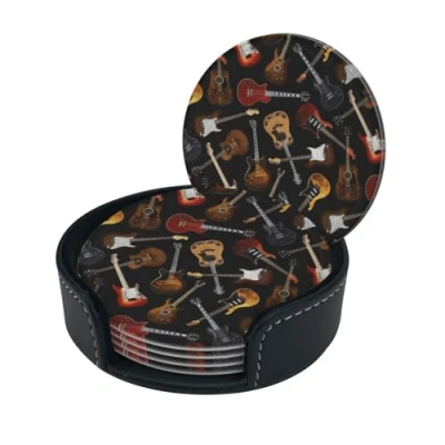 Image of Guitars Print Round Leather Coasters Set Of 6, Ultra Fiber Pu