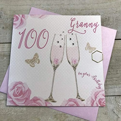 Image of Happy 100th Birthday Card Granny Champagne Glasses Pink Roses by White Cotton Cards SS42 GNY100