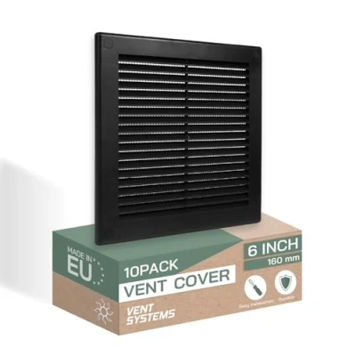 Image of Vent Systems 200 x mm / 8&#039;&#039; Inch Black Soffit Cover Pack of 10 Flat Square Air Louver Grille Built in Insect Screen HVAC Vents for Bathroom, Home Office, Kitchen