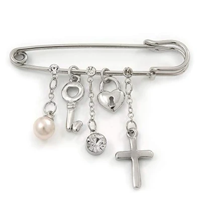 Image of Avalaya &#039;Simulated Pearl, Cross, Lock&amp;Key&#039; Safety Pin Brooch in Rhodium Plated Metal
