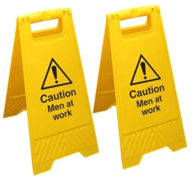 Image of V Safety Caution Men At Work Yellow Floor Sign Pack of 2