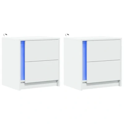 Image of vidaXL Bedside Cabinets 2 pcs Nightstand with RGB LED Lights, Engineered Wood, White, Bedroom/Living Room, 43x34x45 cm