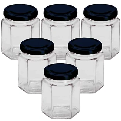 Image of 12oz / 250ml Hexagonal Glass Food Jar With Black Twist Off Lid Pack Of 6