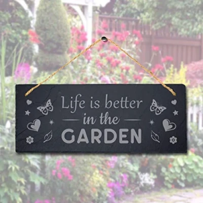 Image of Stukk Life is Better Laser Hanging Garden Sign, Natural Engraved Slate Stone Plaque, 30x12cm