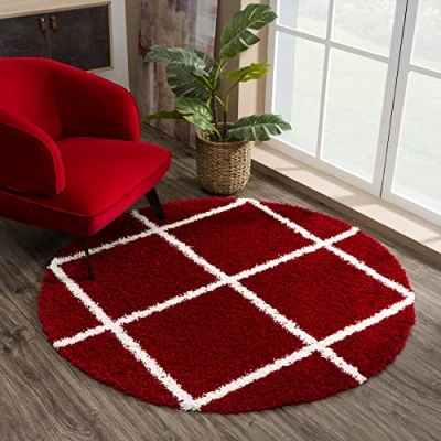 Image of SANAT Madrid Shaggy Rug Round High Pile Rugs for Living Room, Bedroom, Kitchen Red, Size: 80 cm
