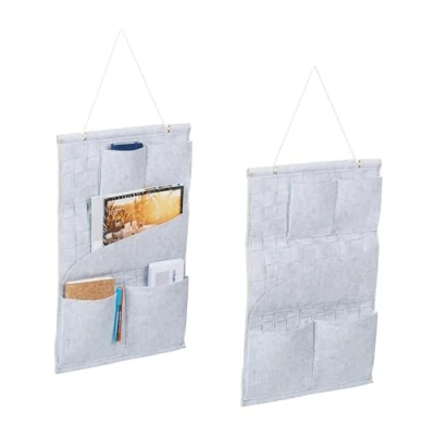 Image of Relaxdays 2X Hanging Organiser, 5 Pockets, Woven, Wall Storage for Hallway, Office, Bathroom, HxW: 60x41cm, Felt, Grey