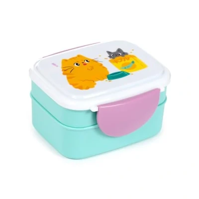 Image of Puckator Bean &amp; Co Cats Clip Lock Stacked Bento Lunch Box with Cutlery for Adults and Kids Compartments Snack Food Containers Lids Stackable Pots Meal Prep
