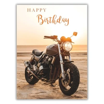 Image of Noel Tatt General Male Birthday Card for Men Motorbike on the Beach Eco Friendly &amp; Recyclable