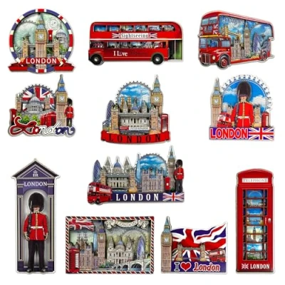 Image of LILAJ Set of 10 London 3D Wooden Fridge Magnet Bus &amp; Telephone Box British England Souvenirs Landmark Union Jack Flag Gift