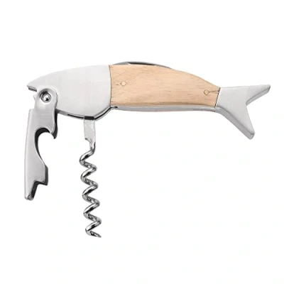 Image of kwmobile Fish Design Wine Opener Wood &amp; Stainless Steel Novelty Tool w/Corkscrew Bottle Cap Small Knife Silver
