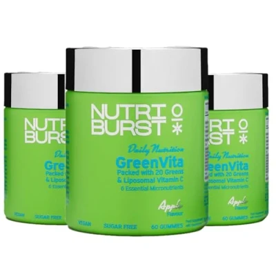Image of Nutriburst GreenVita Multipack Vegan Super Greens Blend Fruit + Veg 100% Fruiting Bodies Mushrooms 200 Million Live Bacteria Cultures Boosted with Vitamins 3 x 60 Gummies / Month Supply
