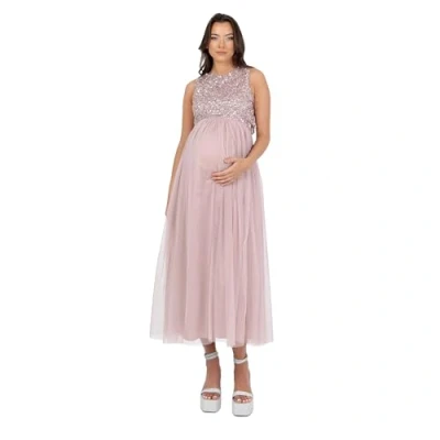 Image of Maya Deluxe Women&#039;s Ladies Maternity Dress for Pregnant Wedding Guest Midaxi Sleeveless Sequin Embellished Tulle Crew Neck Bridesmaid, Soft Pink, 10