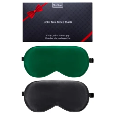 Image of BeeVines Sleep Mask, 2 Pack 100% Real Natural Pure Silk Eye Masks with Adjustable Strap, Mulberry Shade Cover, Blocks Light Reduces Puffy Eyes Traveling Gifts (Black &amp; Emerald Green)