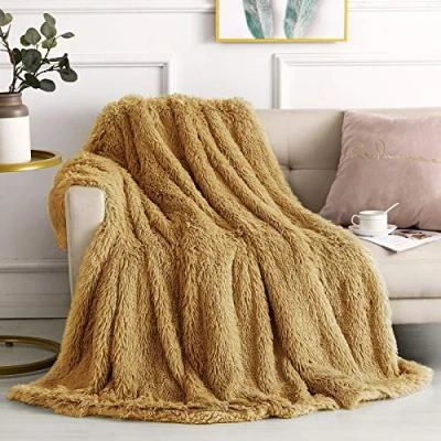 Image of YORKSHIRE HOMEWARE Long Pile Cuddly Faux Fur Shaggy &amp; Fluffy Throws for Bed Couch Sofa Chair Home Accent Decoration Blankets Warm Elegant Cozy Double 150 x 200cm (Mustard)