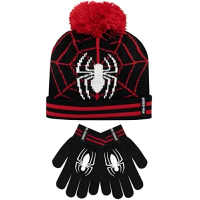 Image of Marvel Kids Winter Hat and Gloves Set Spiderman Black One Size