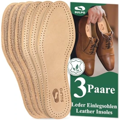 Image of SULPO 3 Pairs of Insoles Made Vegetable Tanned Leather with Natural Cork Against Sweaty Feet for Men and Women Anti Sweat Odour Absorber Soles