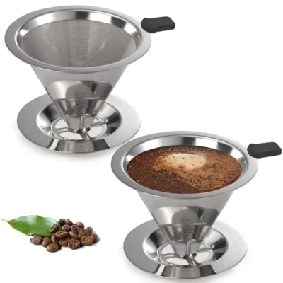 Image of Modixun 2Pcs Pour Over Coffee Maker, Paperless Reusable Filter, Dripper for Single Cup Brew, Double Layer Stainless Steel Cone Strainer 1 3 Cup, Medium