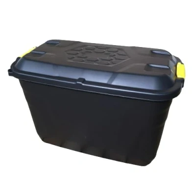 Image of 110L Heavy Duty Trunk on Wheels Sturdy, Lockable, Stackable and Nestable Design Storage Chest with Clips in Black