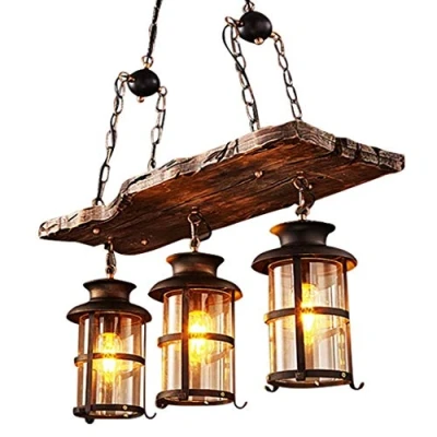 Image of Vintage Pendant Light E27 Industrial Lights Retro Wood Hanging Lighting Black Iron and Glass Lampshade Height Adjustable Loft Chandelier Indoor For Dining Living Room Bar Cafe