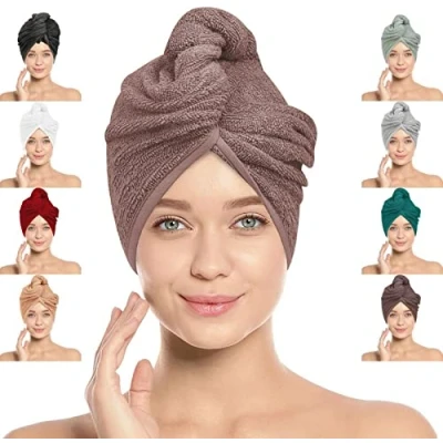 Image of LOOM KNIT LOOMKNIT Hair Towel Wrap Lightweight Turban, Instant Drying 100% Cotton Cap Super Quick Absorbent Anti Frizz Twist Toweling Dry Hat Button and Loop Long Curly Hairs, 64 x 24CM, Light Brown