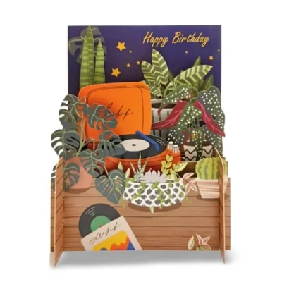 Image of Happy Birthday Botanical Record Player 3D Pop Up Greeting Card by Alljoy Cards MN050